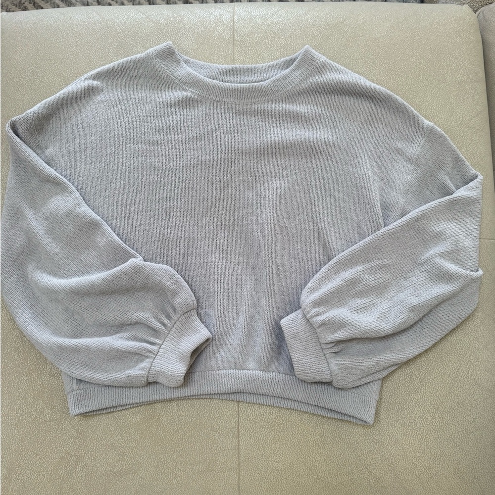 Free People Light Gray Crewneck Balloon-Sleeve Sweater